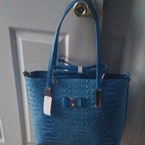 Blue Croc-Embossed Tote with Bow Accent